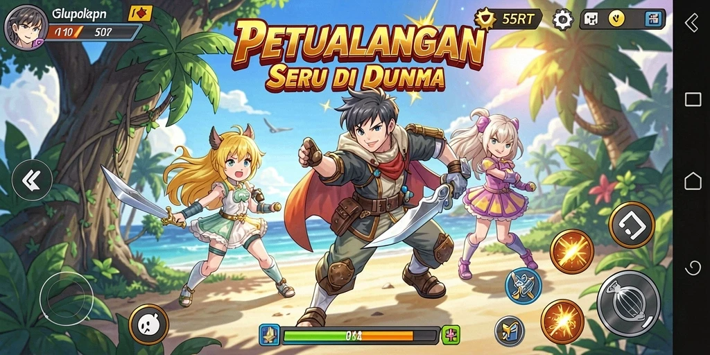 Tampilan gameplay <strong>55RT</strong> yang menakjubkan dengan karakter anime berkualitas tinggi.
