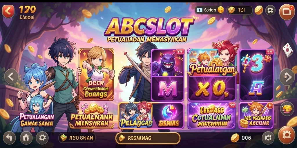 Tampilan utama ABCSLOT dengan karakter anime yang menghibur.