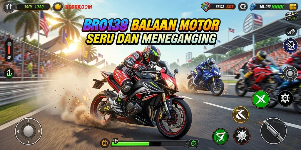 Screenshot utama BRO138 menampilkan aksi balapan motor yang seru.