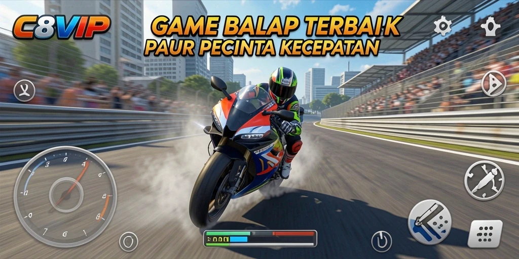 Screenshot dari gameplay C8VIP yang mendebarkan saat balap motor.