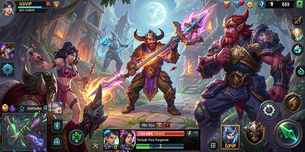 Screenshot G9VIP menampilkan pertarungan seru dalam permainan MOBA.