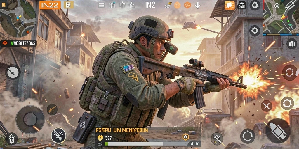 Screenshot gameplay IN22 menampilkan aksi tembak-menembak yang mendebarkan.