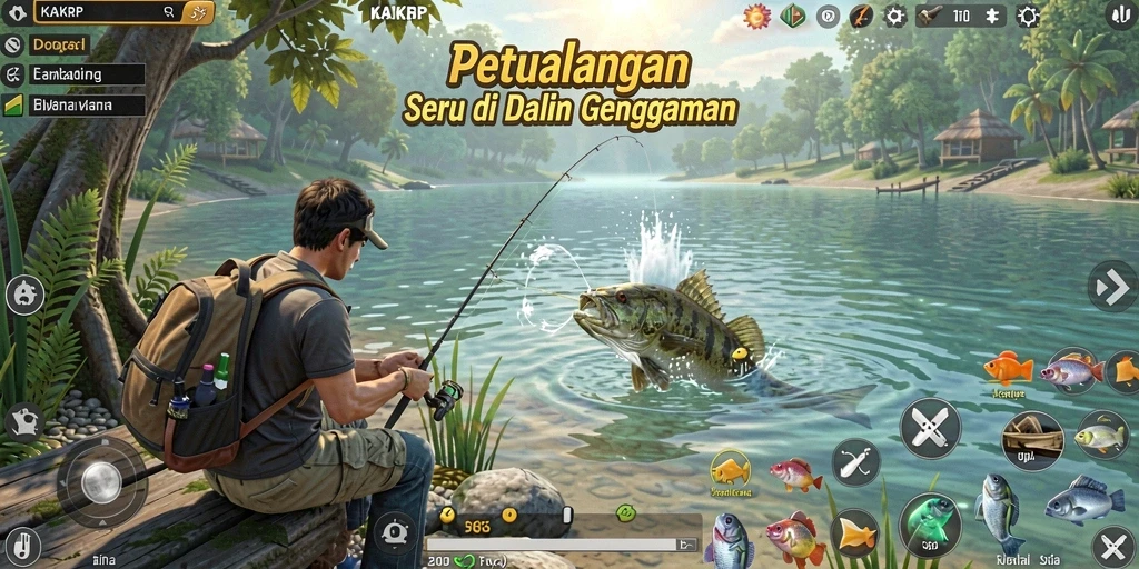 Tampilan gameplay KAKRP dengan aksi memancing yang seru.