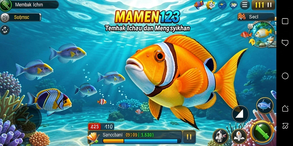 Screenshot gameplay MAMEN123, menangkap ikan berwarna-warni di lautan.