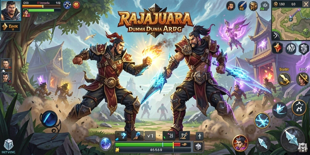 Screenshot utama RAJAJUARA menampilkan pertempuran seru di dunia fantasy.