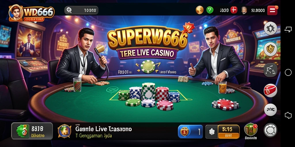 Screenshot gameplay dari SUPERWD666 menampilkan dealer cantik di meja permainan Live Casino.