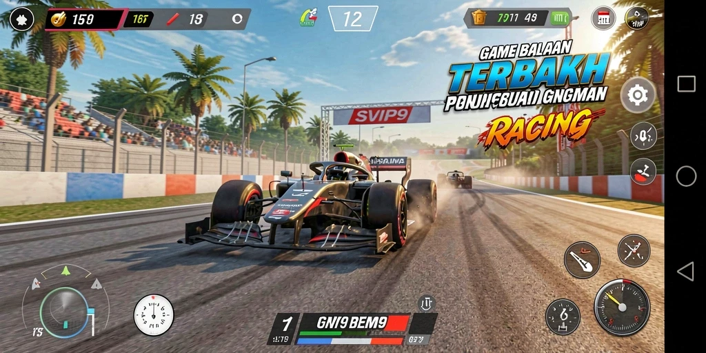 Screenshot gameplay SVIP9 menampilkan balapan seru di trek yang menantang.
