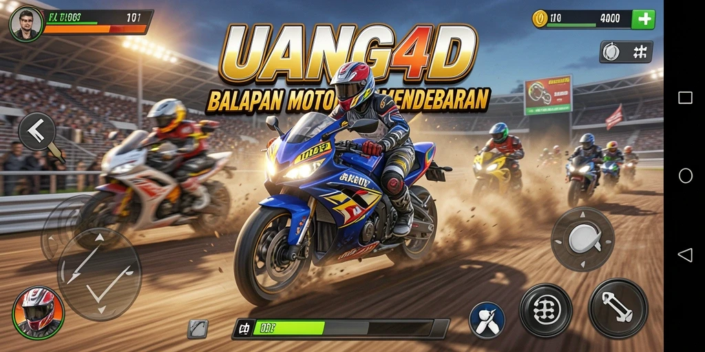 Tampilan gameplay UANG4D dengan balapan motor yang mendebarkan di trek menantang.