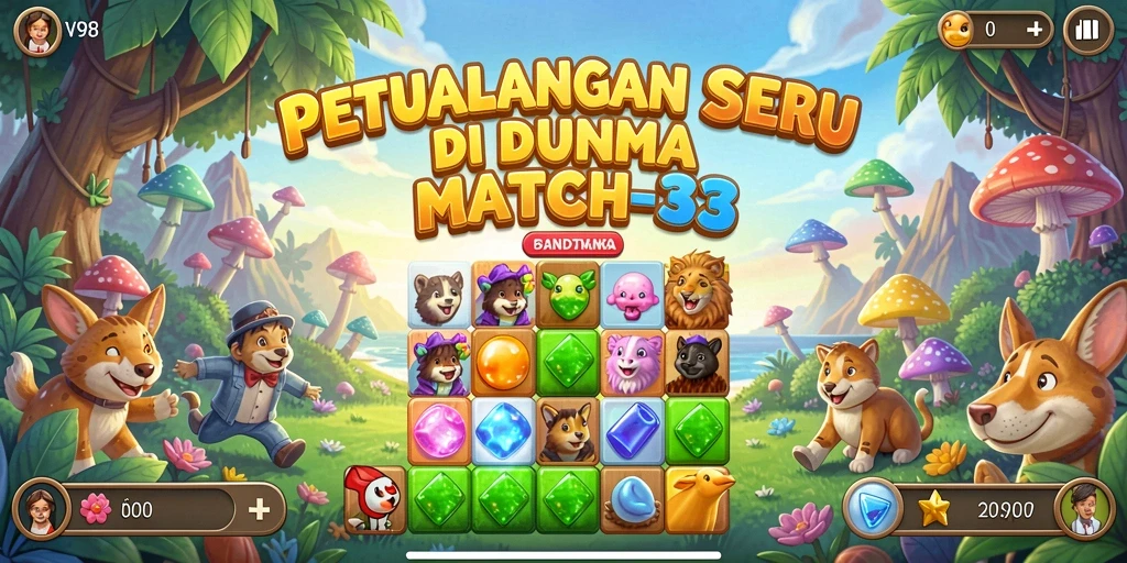 Screenshot gameplay V98 menunjukkan aksi Match-3 yang penuh warna.